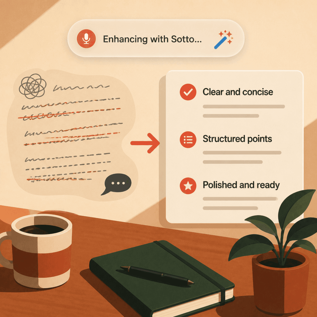 Sotto Enhance mode turns rambling speech into a clear structured prompt
