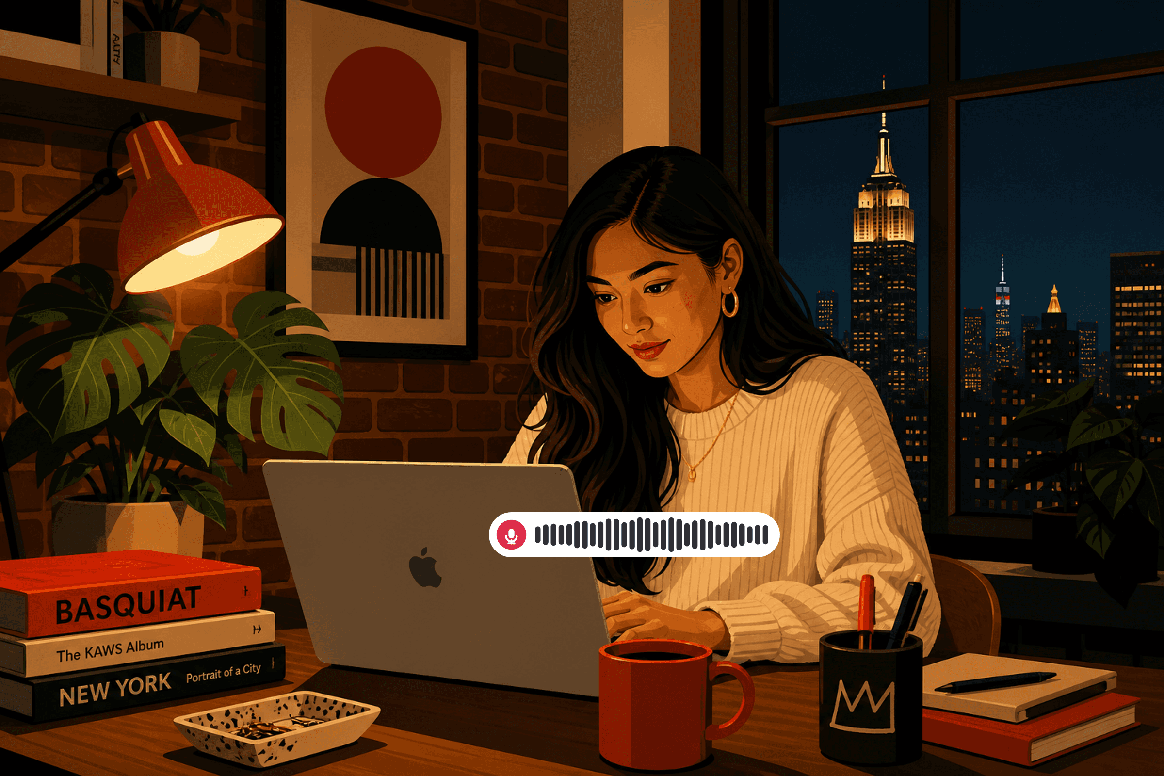 Quiet apartment desk at night with Sotto listening on a MacBook
